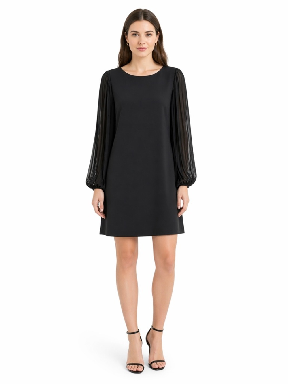 WHBM Black Shift Dress Pleated Sheer Sleeve Long Sleeve Mini Elegant Classic